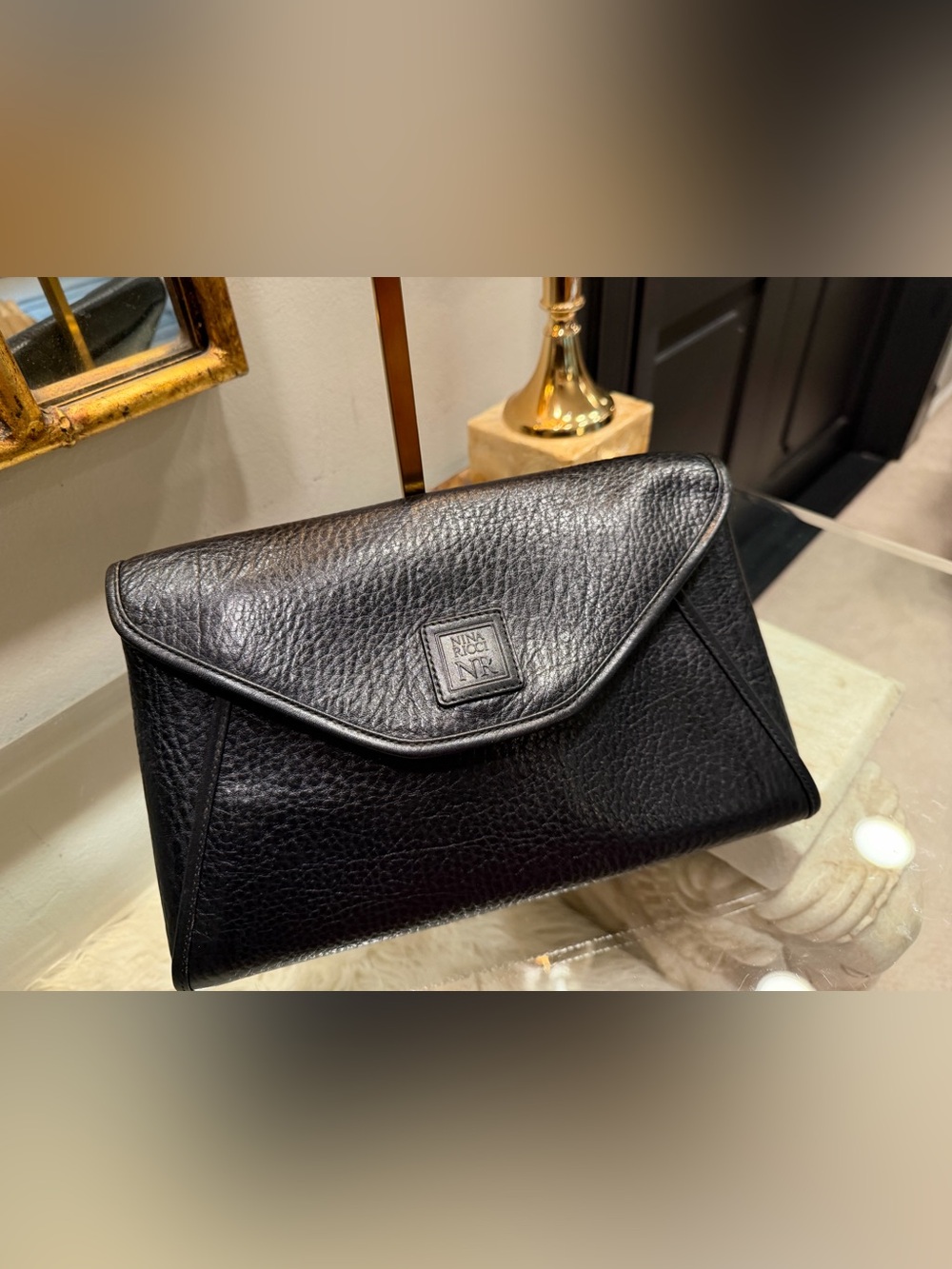 Nina Ricci Black Pebbled Leather Envelope Clutch